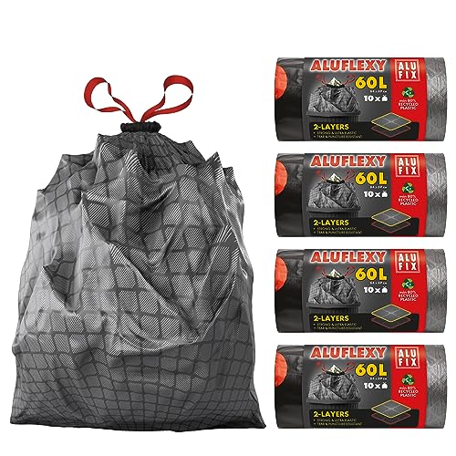 ALUFIX Starke Müllsäcke 60L - ALUFLEXY - 64x69 cm - 4 Rollen mit Zugband mit je 10 Stück - Material LDPE - Extrem Reißfest Schwarze Mülltüten - Für Gastronomie, Haushalt, Reparaturen, Gewerbeabfälle