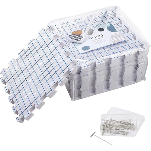 KnitIQ Block Matten Stricken - Spannmatten Set - 9 Extra Dicke 1,9 cm Tiefe Matten mit Rasterlinien - 30 x 30 cm - 100 Rostfreie T-Nadeln - Stautasche für Stricken Häkeln Lace
