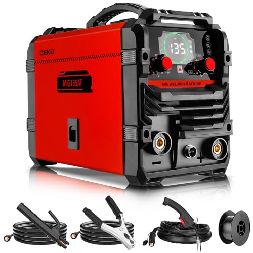 MIG Elektroden Schweißgerät 135A 220V: DEKO 3-in-1 Fülldraht Schweißgerät ohne Gas, MIG/MMA/Lift TIG, Interver Schweissgerät, DC IGBT, ARC Welder, LED-Anzeige, mit Synergischem Drahtvorschub, Rot
