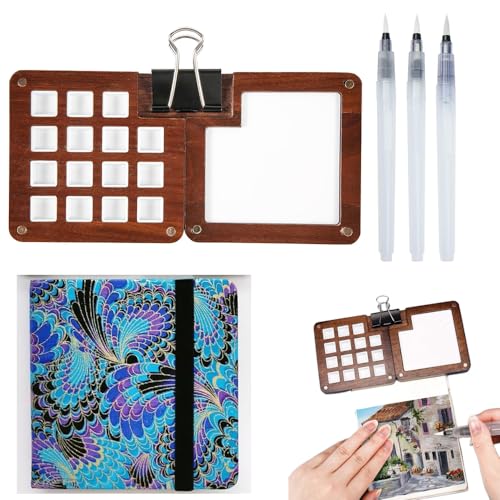 Reise-Skizzenbuch-Palette, 15 Fächer, Mini-Holz-Magnet-Palette, Farbsparer mit 12 x 12 cm, Aquarell-Skizzenbuch, Tagebuch, 300 g/m², 24 Blatt, Kaltpress-Papier für Aquarell-, Acrylmalerei