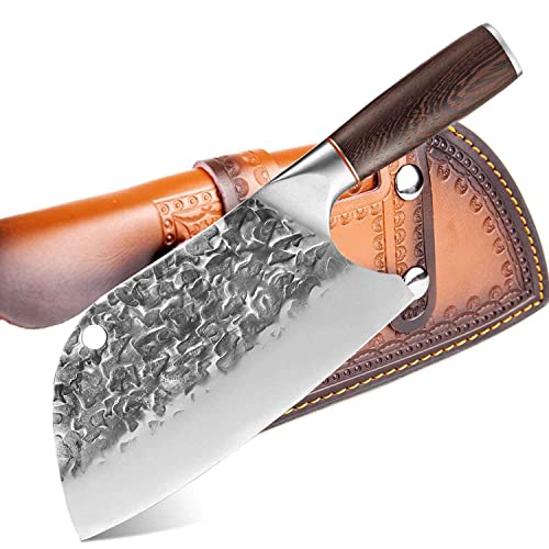Metzgermesser, Hackbeil oder Universalmesser Dieses serbische Kochmesser mit Lederscheide liegt gut in der Hand, ist Rasiermesserscharf ist Outdoor Messer als auch Küchenmesser