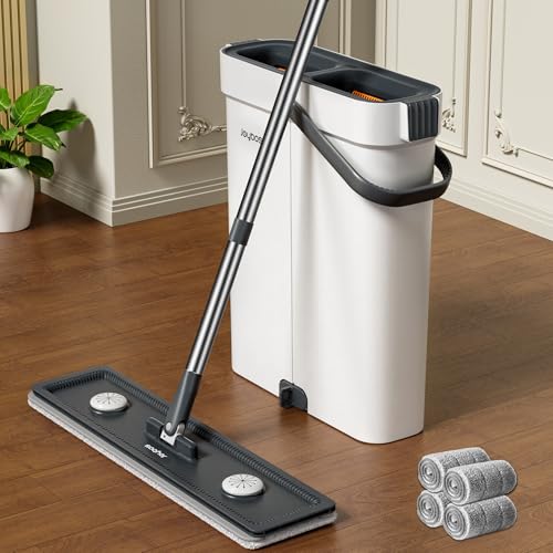 CTIME Plattmopp-System mit Eimer und Wringer - Einfach zu lagern, ideal für Holzböden und Wände | 33 cm (13,01") großer Moppkopf | Mikrofaser-Mopp-Set für Bodenreinigung | 4 Mopp-Pads