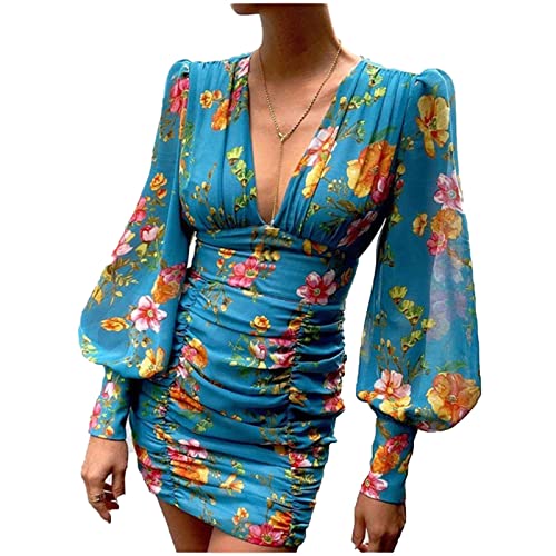 Damen Sexy Tief V Ausschnitt Kleid Sommerkleid Bodycon Wickelkleid Cocktailkleid Schmal Geschnittenes, Blumen, Langearm Minikleid Kleid (L,Blau)