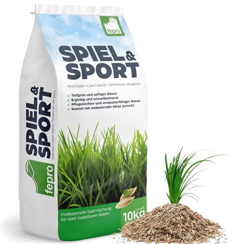 10kg Rasensamen Sport und Spiel schnellkeimend 400m², robust, tiefgrün, ideal für Neuansaat und Nachsaat, Rasensaat Grassamen Frühjahr