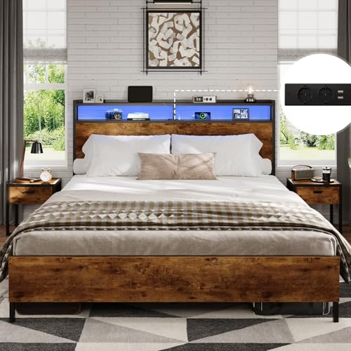 DICTAC Bett 140x200 mit LED Beleuchtung,Metall Doppelbett mit Steckdose und USB-Ladefunktion, Bettgestell 140x200 mit Holzkopfteil Stauraum, Bettrahmen mit Lattenrost und Stauraum unter dem Bett