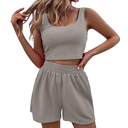 Damen Zweiteiler Sommer Hosenanzug Elegant Outfits Kleidung 2 Teiler Set Crop Tank Top + Shorts Y2k Aesthetic Clothes Workout Sportanzug Kurze Lounge Sets Freizeitanzug Loungewear für Strand Urlaub