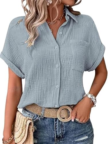 blusen & Tuniken für Damen, Musselin Bluse Damen Shirts Bluse Elegant Tunics Sommer Tshirt Kurzarm Leinen Knopf Bluse Lange Oversized T-Shirt Casual für Leggings