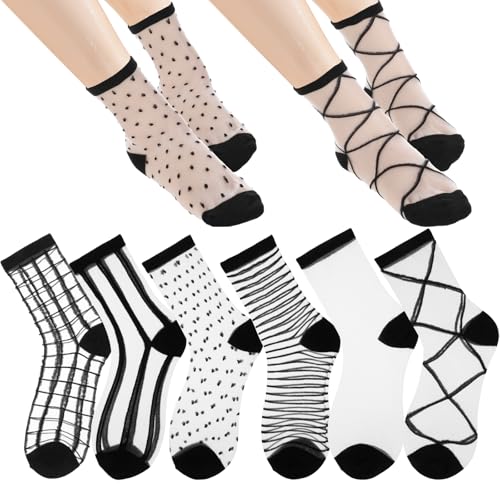 Ouligay 6 Paar Durchsichtige Socken Schwarz Transparente Socken Damen Kurze Ultra Dünner Netz Sommer Coole Söckchen Damen Gepunktet Gestreift Trachtensocken Modisch Knöchelsocken, Universelle Größe