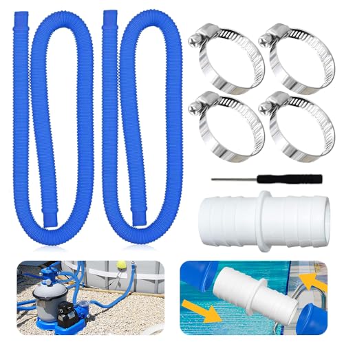 Poolschlauch 32mm für Poolpumpen,2 Stück Schlauch pool 32mm mit 4 Stück Sicherungsclip Und 1 Stück schlauchverbinder,150cm Schwimmbadschlauch 32mm,Für Filterpumpe und Schwimmbad (Blau)