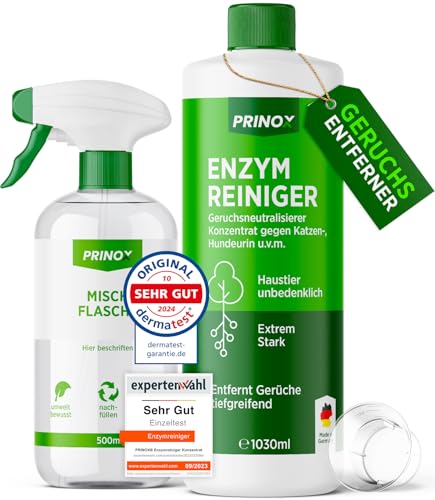 PRINOX® 1030ml Enzymreiniger Konzentrat inkl. Mischflasche I STARKER GERUCHSENTFERNER I Ergibt bis zu 40L Geruchsneutralisierer I Beseitigt Hundeurin, Katzenurin Geruch tiefgreifend uvm. I Made in DE