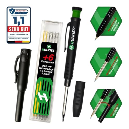 Hulkies 3-in-1 Tieflochmarker – 10-teiliges Profi-Set: Zimmermannsbleistift, Tieflochstift & Köcher – Markierstift für Handwerker inkl. 6 Ersatzminen & integriertem Spitzer