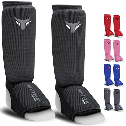 Mytra Fusion Schienbeinschoner für Kinder, Schienbeinschoner für Kickbox-Trainingspads, Schwarz, Größe XS