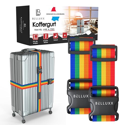 BELLUXX® Premium Koffergurt Mit Kreuzverbindung für Sorgenloses Reisen, Geschäftsleute und Familie - Zuverlässiges Kofferband (Polypropylen Regenbogen)