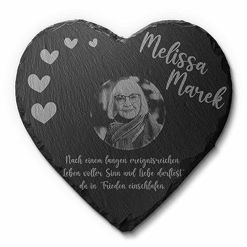 Grabplatte Grabstein Herz aus Schiefer mit Bild Gravur für Menschen ab 20x20 cm | Großer Gedenkstein mit Foto & vielen Motiven - Gravierte Gedenktafel als Grabschmuck Grabdeko personalisiert