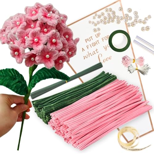 Dunkelrosa Blumenstrauß Pfeifenreiniger Set mit 150 Stück Pfeifenputzer Bunt mit 2 Farben（Dunkelrosa,Grün),8 Grün Basteldraht,40 Perles,40 Corolla,Geschenkpapier,Geschenkband, Klebeband