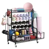 hiee Hantelständer, Hantelablage Gewichtsregal für Kettlebells, Heavy-Duty Home Gym Aufbewahrungsregal für Yogamatte und Trainingsgeräte, Aufbewahrungshalter mit Rädern, Haken und Mesh Top