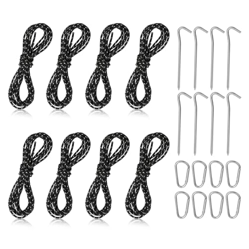 LURICO Camping Zubehör Abspannseile Camping Set – 8X reflektierende Zeltleinen (2m, 2mm) + 8X Alu-Heringe & 8X Alu-Spanner für sichere Zeltbefestigung (Schwarz)