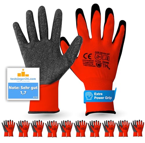 TK Gruppe Timo Klingler 10x Paar EN388 Arbeitshandschuhe Herren - Gr 8-9 (S-M) - Extra Power Grip - Handschuhe & Gartenhandschuhe - Work Gloves für Garten, Montage & Mechaniker