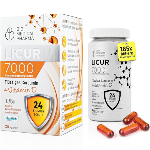 Kurkuma Kapseln mit Vitamin D3 – 185x Höhere Bioverfügbarkeit – Hochdosiertes Mizellen Curcumin – 1 Kapsel Täglich – Entspricht 6.600 mg Kurkuma Pulver – Licur 7000 mit Vitamin D (Monatspack)
