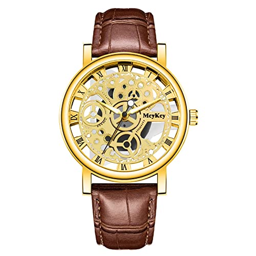 Herren Analog Quarz Uhr mit Edelstahl Armband/Lederarmband Männer Business Luxusmode Herren Quarzuhr Männer Bottom Hollow Imitation Mechanische Uhr Sportuhr Wasserdicht Klein (Brown, One Size)