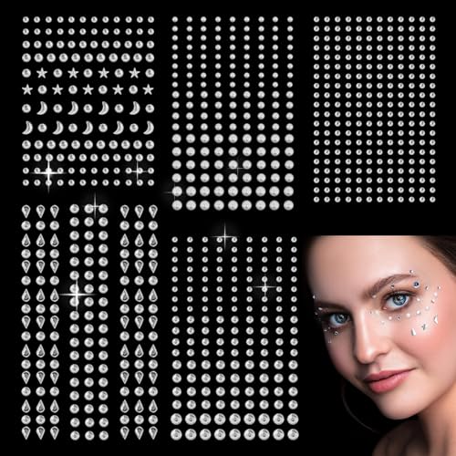 Sularpek Glitzersteine Gesicht, 850 Stück Steine Gesicht Selbstklebend, Glitzersteine Silber, Strasssteine Selbstklebend für Gesicht Augen Körper Nägel für Festival Karneval Make Up