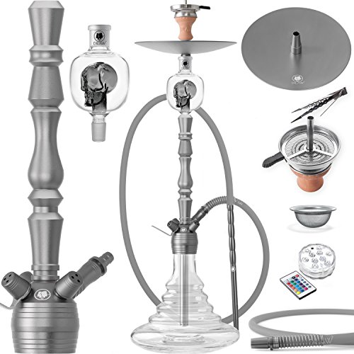 DILAW® Vatos Shisha Set Hookah 93cm Aluminium Alu + LED Licht | Wasserpfeife Kaminkopf Komplettset Molassefänger Silikonschlauch Alumundstück Tabakkopf Kaminaufsatz 18/8 Kopfschliff, Grau