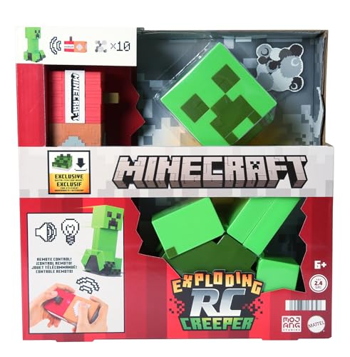 Mattel Minecraft explodierender ferngesteuerter Creeper mit Lichtern und Geräuschen, 10 Explosionspartikel, authentische Bewegungen wie im Spiel und DLC-Code, HRR48, [Mehrfarbig]