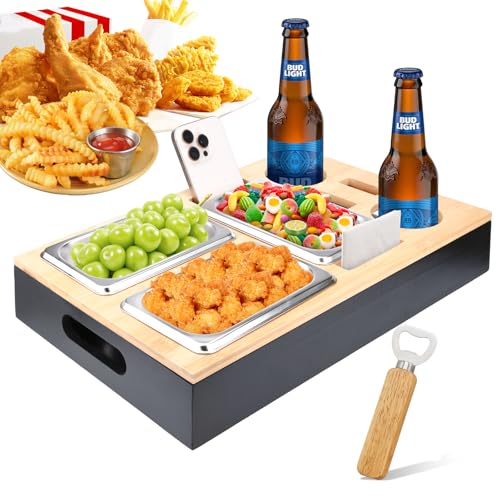 TEGOVE Couchbar Snackbox, Sofa Tablett,Mit Snackschalen Aus Edelstahl,mit Abnehmbarer Deckel, Couch Tablett, Snackbox mit Fächern, Sofatablett für Couch, Schlafzimmer & Wohnmobil