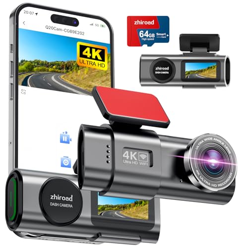 4K WiFi Dashcam Auto Vorne,App-Steuerung Auto Dashcam mit 64G SD-Karte und Abnehmbare Halterung,1.47" IPS Bildschirm,170°Superweitwinkel,Nachtsicht,WDR,G-Sensor,Loop-Aufnahm,24H Parküberwachung