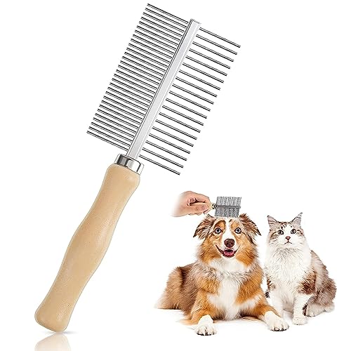 Redreo Hundekamm Katzenkamm, Hunde- & Katzenbürste mittel bis langhaar geeignet, Hölzern Doppelkamm mit Metall Abgerundeten Zähnen, Haustierpflege Kamm Bürste Gegen Flöhe Unterwolle