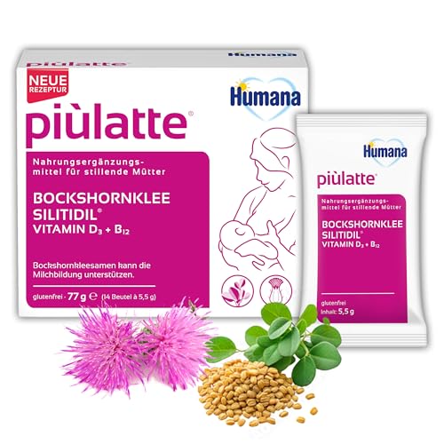 Humana piùlatte Stillpulver zur Milchsteigerung; Mit Bockshornklee, Vitamin B12 und D3; 14 Sachets (77 g); Basierend auf pflanzlichen Inhaltsstoffen; Hebammenempfohlen