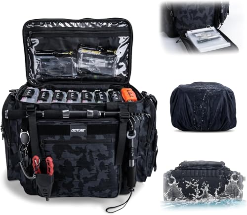 Goture Angelausrüstung Tasche, 65L Großer Angelzubehör-Rucksack mit Rutenhalter, Eva Unterseite, 8 Ködertaschen, herausnehmbarer Trennwand, Regenschutz, Angel Umhängetasche für den Außenbereich