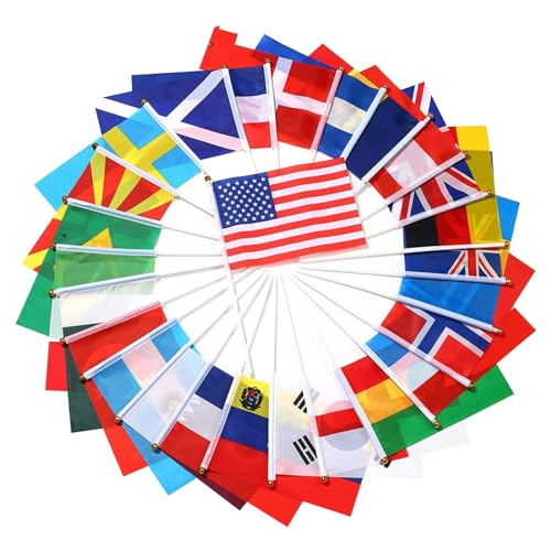 200 Stück Flaggen der Welt mit Stäbchen, 14 x 21 cm, Landesflagge auf Stab, Handflagge für Paraden, Schulsportveranstaltungen, Festivals, Feiern