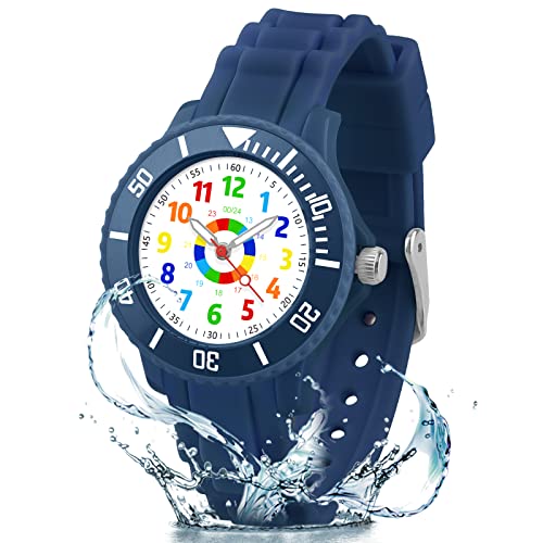 DTKID Kinderuhr Junge Mädchen,Lern Armbanduhr Kinder Mit Drehbarem Lünettenring,3ATM Wasserdicht,Kinder Uhren Analog Für 4-15 Jahre