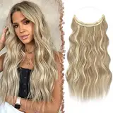 FESHFEN Secrets Haare Extensions Lange Gewellt Haarverlängerung Invisible Secret Haarextension Synthetik Hair Unsichtbarem Haarteile für Frauen Dunkles Aschblond Gemischtes Bleichblond 50 cm