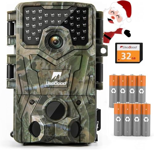 usogood 4K Wildkamera mit 32GB Karte & 8 Batterien,Wildkamera mit Bewegungsmelder Nachtsicht,Nachtsichtkamera 120° Weitwinkel IP66 Wasserdicht für Jagd, Naturbeobachtung & Sicherheit