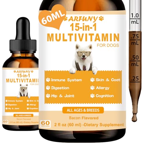 15 in 1 Multivitamin für Hunde - 60ML Nahrungsergänzungen Vitamine für Hunde Unterstützung für Gelenke, Immunsystem, Haut, Fell & Magen-Darm - Reich an Vitaminen, Glucosamin, MSM, Biotin, Cranberry