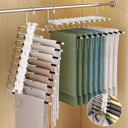 ZLPBAO 9 in 1 Kleiderbügel platzsparend 2X, rutschfest Faltbare Multi Bügel für Hosen mit 5 Fest Haken für Hosen, Schals, Jeans, Kleidung, Handtücher