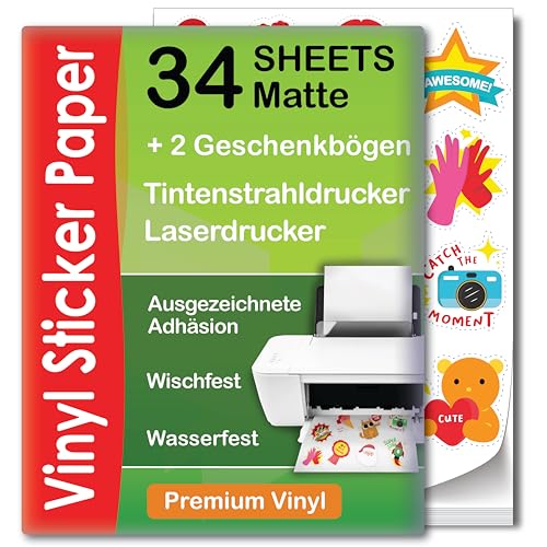 Premium Bedruckbares Vinyl Sticker Papier - 34 Matte Blätter Sticker Papier A4 - Printable Vinyl Sticker Paper - Selbstklebende Folie zum Bedrucken - Wasserabweisend und Reifest Bedruckbare Vinylfolie
