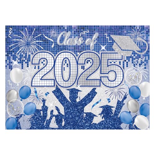 Gosknor Abschluss Hintergrund, 213x152cm 2025 Graduierung Hintergrund Congrats Grad Banner für Fotoautomaten Absolventen Dekoration für High School und College Partys (Blau, Silber)