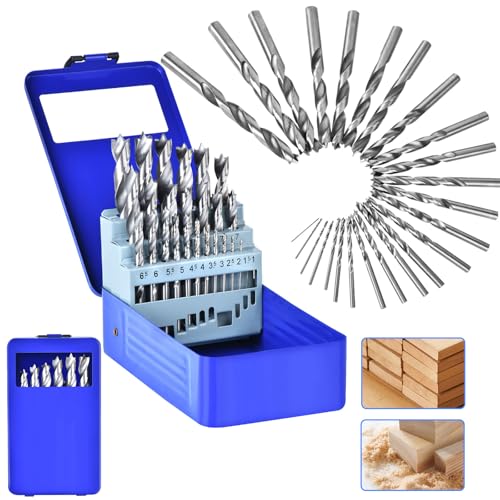 Holzbohrer Set 1-13mm HSS Stahlbohrer 25tlg Dreispitz Holzspiralbohrer Mit Metallbox für Holz Gerader Rundschank Doppelflute Holzspiralbohrer Twister Drill Bit Metallbohrer Profi HSS-G Bohrer Set
