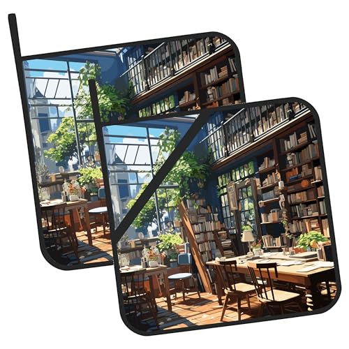Topflappen mit Anime-Szene der Bibliothek, hitzebeständig, Set mit 2 Ofen-Pads, Topflappen zum Kochen, Backen, Grillen, Geschenke für Frauen