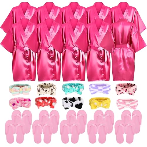 YFNVH 30-teiliges Spa-Partyzubehör für Mädchen, inklusive 10 Kimono-Bademäntel aus Seidensatin, 10 weiche Spa-Stirnbänder, 10 rosa Schaumstoff-Hausschuhe für Kinder, Mädchen, Salon, Party
