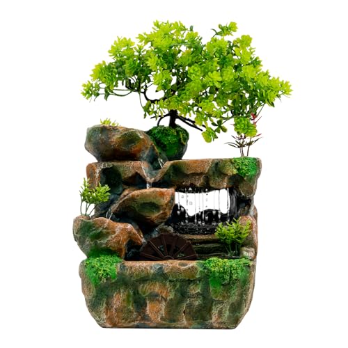 MINRS Zimmerbrunnen Wasserfall, Tischbrunnen mit Led Beleuchtung Grüne Pflanze Brunnen Table Indoor Fountain Deko Tischbrunnen Wasserfall, für Platzierung Wohnzimmer, büro 18 x 15 x 30cm