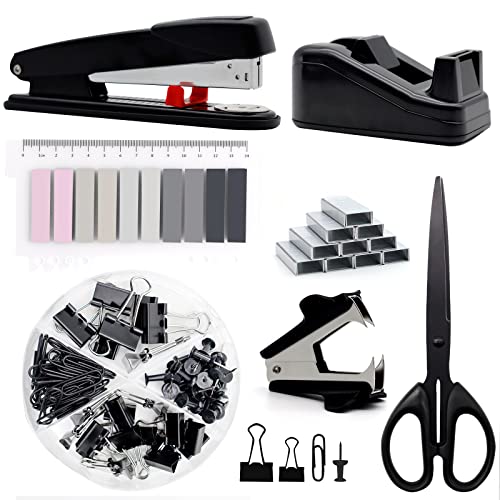 Schwarzes Bürobedarf, Schwarzes Schreibtischzubehör, Hefter und Klebebandabroller-Set für mit großem Hefter, Klebebandspender, Heftklammerentferner, Heftklammern, Clips, Schere und Tabs,