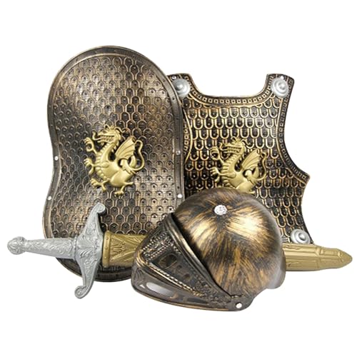 Ritterkostüm für Kinder, 4-teilig/Set, Ritterrüstungsset zum Anziehen, enthält mittelalterliche Rüstung, Schild, Schwert und Helm, Plastikrüstungskostüm für Jungen, Rüstungskostüm, Ritterkostüm für Ki