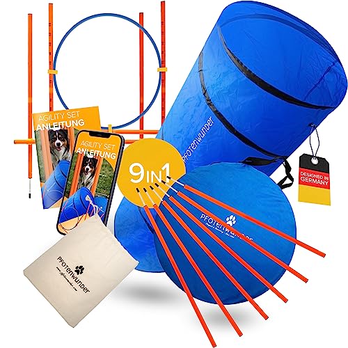 PfotenWunder® "9-in-1 - Agility Set Hunde groß + 21 Min. HUNDESCHULE - 6 Slalomstangen, 1 Tunnel, für kleine & große Hunde, Training Sport Spielzeug Cavaletti Parcour Steckhürdenset Zubehör Hürden