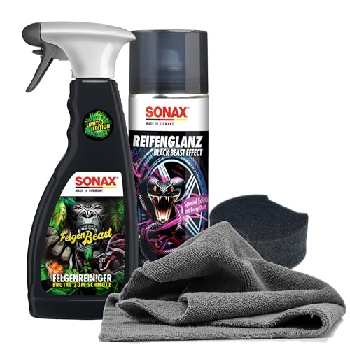 Auto Reifenpflege & Felgenpflege Set | Sonax ReifenGlanz Special Edition + FelgenBeast Sonderedition Felgenreiniger + Applikator Pad + Mikrofasertuch | Pflege & Reinigung von Felgen & Reifen