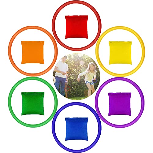 12 Stück Wurfspiel Sets, 6 Nylon Sitzsäcke und 6 Kunststoff-Ringe, Mehrfarbig, Spaß, Werfen, Karneval, Partyzubehör, Familiensport, für Kinder, Teenager, Erwachsene, drinnen und draußen