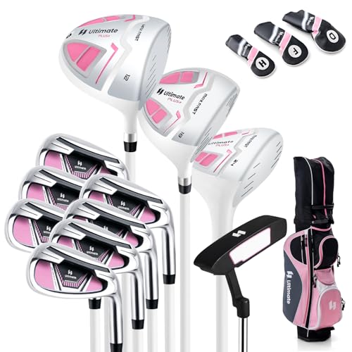 COSTWAY komplettes Damen Golfschläger Set, 11 teilige Golfschlägersätze rechtshändig mit Tragetasche & Regenhaube, Golfset mit 1 Driver & 3 Fairway & 5 Hybrid & 5/6/7/8/9/ P/S Eisen & Putter (Rosa)